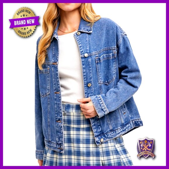 Classic Distressed Denim Jacket Oversized Drop Shoulder Vintage Chic Outerwear